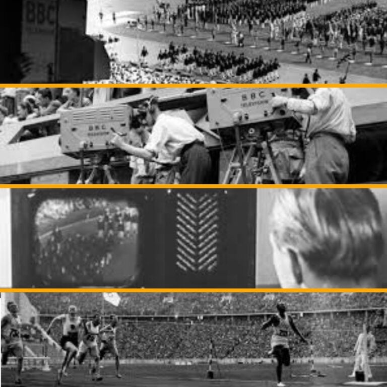 Kuvakollaasi vuoden 1936 Berliinin olympialaisista, joissa järjestettiin historian ensimmäinen televisiolähetys. Yhdessä kuvassa urheilijoita kilpailemassa stadionilla, toisessa vanhanaikainen televisiovastaanotin ja katsojia sen äärellä. Kolmannessa kuvassa näkyy kuvausryhmä suurine kameroineen taltioimassa tapahtumaa. Kuvissa on mustavalkoinen sävy, joka kuvastaa aikakauden tunnelmaa.