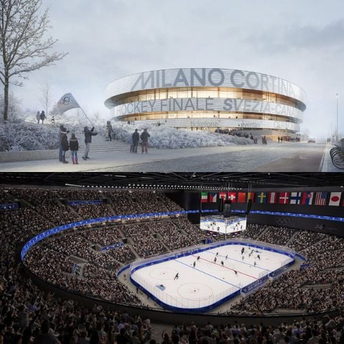 havainne kuva jääkiekko olympialaiset 2026 stadiumilta ulkoa ja sisältä