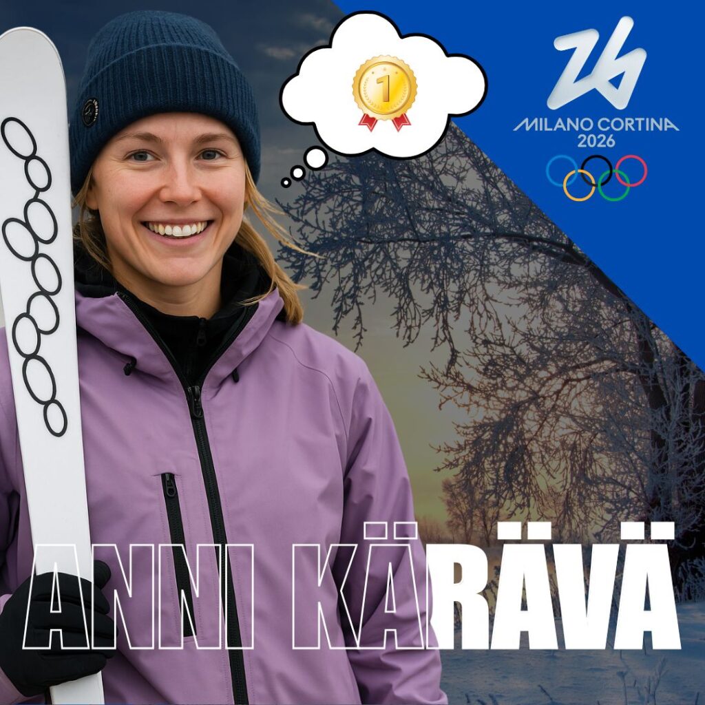 anni kärävä suksien kanssa ja ajattelemassa talviolympialaiset 2026 kultamitalia